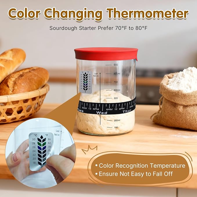 34oz Sourdough Starter Jar Kit,Wide Mouth Sourdough Starter Container with Feeding Tracking Band, Silicone Spatula&Sourdough Starter Kit-Baking Supplies(2 pack). (Red)