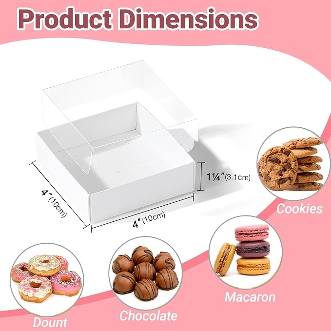 50PCS 4x4x1.25Inches Baking Boxes with Clear display lid for Cookies,Macaron,Cakesicle,Dount,Pastry,Chocolate Covered Ores or More