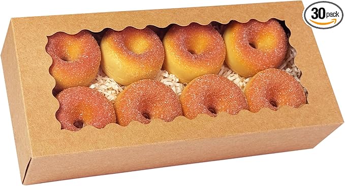 qiqee Auto-pop up 12x5.5x2.5 Inch Brown Cookie Box with Window 30Pcs Pastry Macaron Bakery Box For Packaging