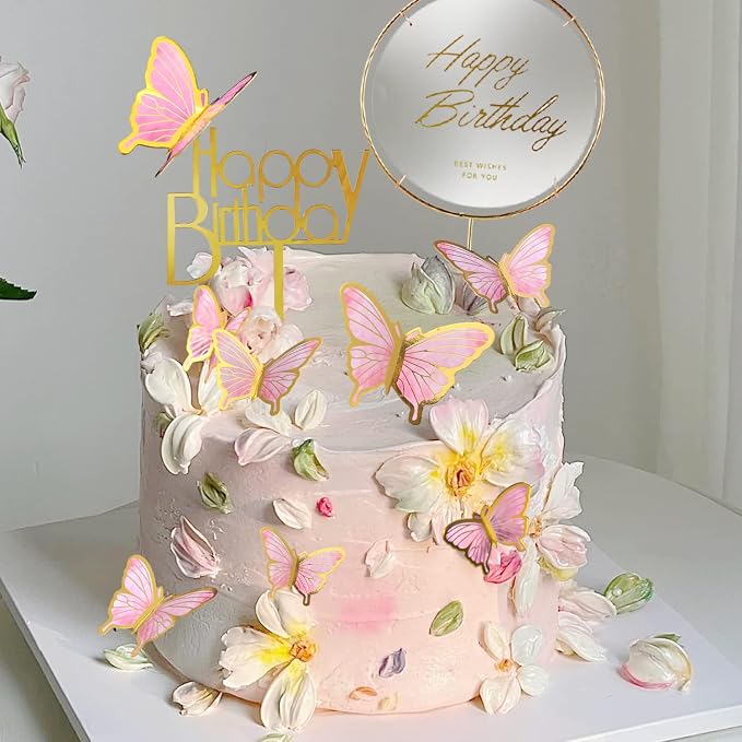 22-Pieces Butterfly Cake Decorations With Happy Birthday Acrylic Cake Toppers for Baby Shower Wedding Birthday Party Decor (Pink)