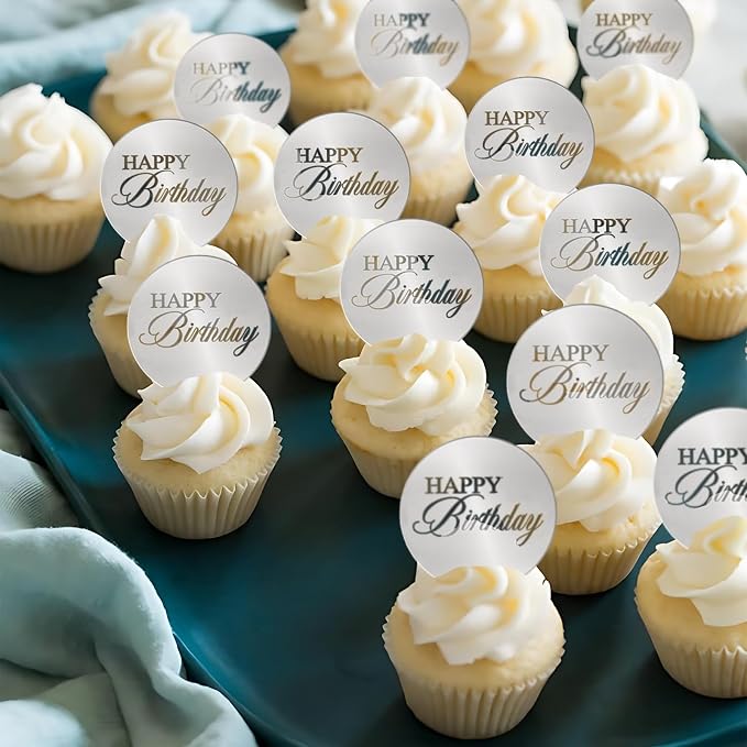20pcs Silver Birthday Cupcake Toppers Acrylic Cake Picks for Party Decor | Mirror Design Birthday Party Supplies Round Picks DIY Gifts Flower Bouquet Pastries Desserts Decor