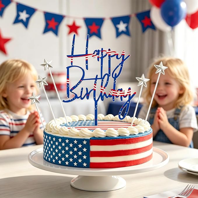 Happy 18th Birthday Cake Toppers, Patriotic Themed Acrylic Cake Decorations with 5pcs Star for Boys Girls Men Women Birthday Anniversary Party Decor Supplies