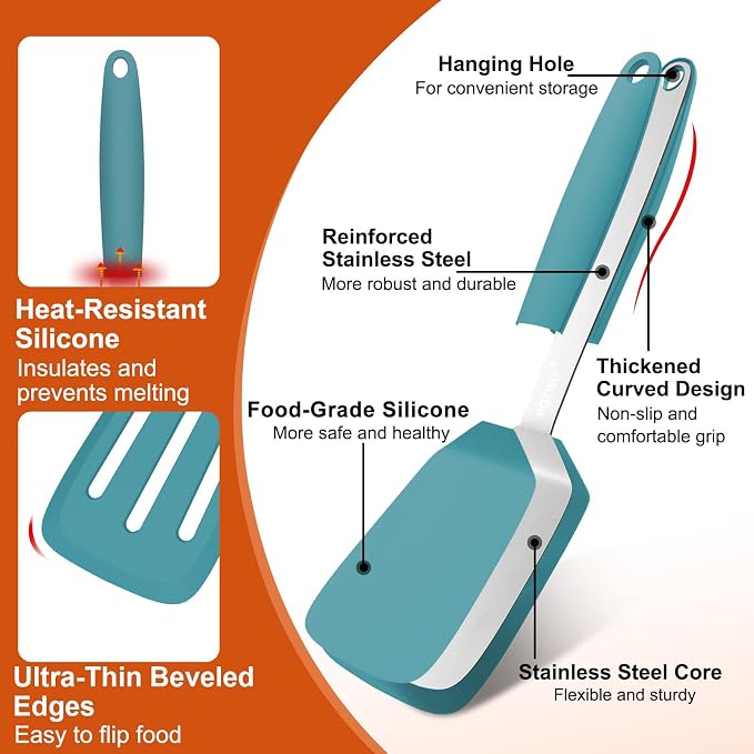 2 Pack Silicone Kitchen Spatula Set, 600°F Heat Resistant (Blue) | BPA Free, Solid & Slotted Turner, Non-Toxic Cooking Utensils, Safe for Non Stick Frying Pan, Dishwasher Safe