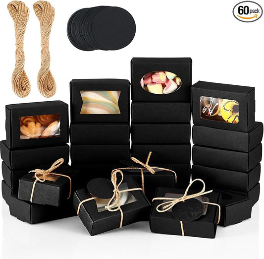 Yexiya 60 Pcs Homemade Soap Boxes 3.55 x 2.4 x 1.2 Inch Kraft Soap Box with Window Mini Gift Packaging Supplies for Homemade Bakery Candy Cookies Party Favor(Black)