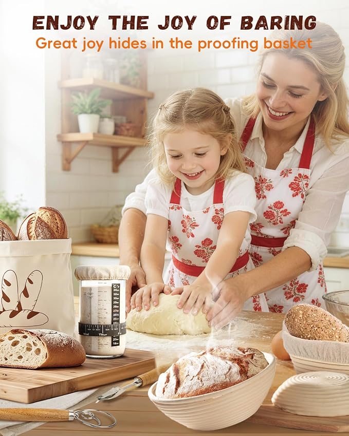 Complete Sourdough Starter Kit for Beginners & Bakers | Sourdough Bread Baking Supplies with Round Banneton Bread Proofing Basket, Bread Sling, Starter Jar, Dough Whisk, Scrapers, Bag & Manual