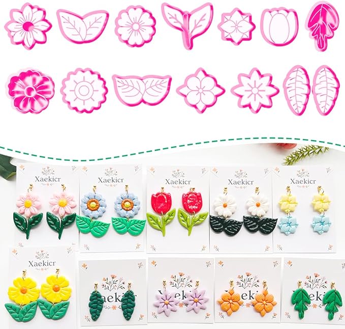 Flower & Leaf Polymer Clay Cutters Set - Daisy, Tulip, Cherry Blossom, Sunflower & Leaf Shapes for DIY Earring Jewelry Making, Soft Clay Crafts, Scrapbooking & Gift Toppers