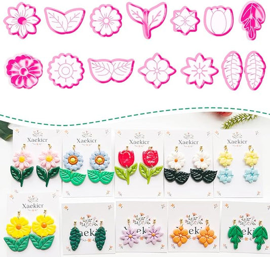 Flower & Leaf Polymer Clay Cutters Set - Daisy, Tulip, Cherry Blossom, Sunflower & Leaf Shapes for DIY Earring Jewelry Making, Soft Clay Crafts, Scrapbooking & Gift Toppers