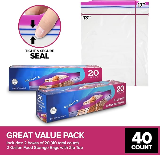 40 Count 2 Gallon Freezer Bags, Double Zipper Plastic Storage Bags for Freezing Food, Extra Large Freezer Bags 2 Gallon Bulk Pack with Easy Dispensing Box, Resealable Clear Two Gallon Storage Bags