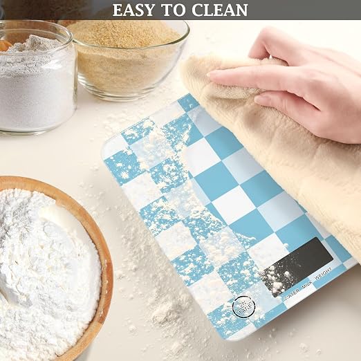 Food Scale Kitchen Digital Scale Food Ounces and Grams Dieting Baking Cooking Waterproof Glass Panels LCD Display,4 Units Scale Tare Function Plaid Blue White Checkered