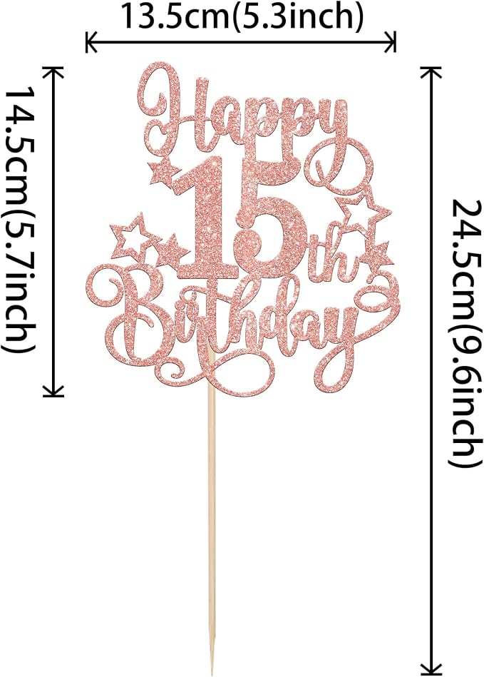 1 PCS Happy 15th Birthday Cake Topper Glitter Cheers to 15 Years Birthday Cake Pick Hello 15 Fabulous Cake Decoration for Happy 15th Birthday Anniversary Party Decorations Supplies Rose Gold