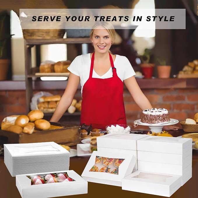 Yeplan 10-Pack Bakery Boxes with Window, 12x8x2.5 Inch Cookie Boxes, White Treat Boxes for Donuts, Muffins, Pies, Chocolates - Dessert Packaging for Baked Goods