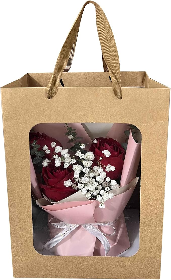 12Pcs Brown Paper Gift Bags with Transparent Window, 9.84"x7.0"x5.12" | Kraft Shopping Bags with Handles for Bouquet Christmas Birthdays Festivals Party Weddings Wrapping