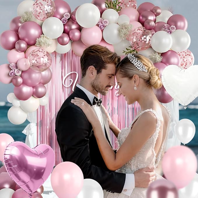 157Pcs Pink and White Balloons Garland Arch Kit with Metallic Pink Fringe Curtain for Girl Princess Woman Bridal Shower Engagement Wedding Baby Shower Birthday Party Decorations