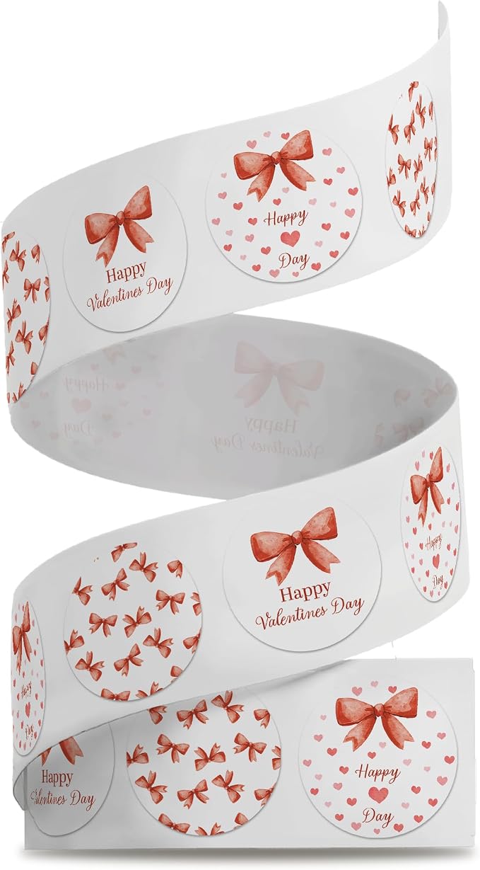 1.5 Inch Round 500 Count Valentine's Day Bows Perforated Roll Stickers - Thank You Labels for Favors - Packing Thank You Stickers for Small Business Store Owners