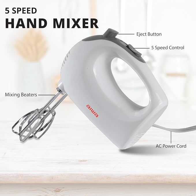 AIWA 5-Speed Hand Mixer with Eject Button, Electric Handheld Mixer for Cream, Batter, Eggs & Baking, Stainless Steel Beaters, Dishwasher-Safe, Lightweight Compact Design, White