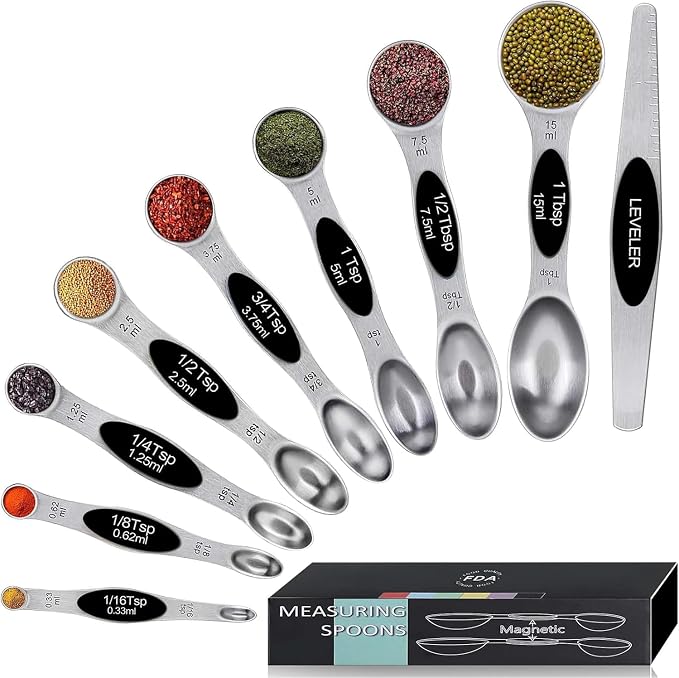 Magnetic Measuring Spoons Set,Heavy Duty Stainless Steel,Dual Sided Stackable Measuring Spoons Nesting Teaspoons Tablespoons for Measuring Dry and Liquid Ingredients,Set of 9 (Black)