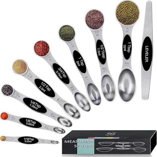 Magnetic Measuring Spoons Set,Heavy Duty Stainless Steel,Dual Sided Stackable Measuring Spoons Nesting Teaspoons Tablespoons for Measuring Dry and Liquid Ingredients,Set of 9 (Black)