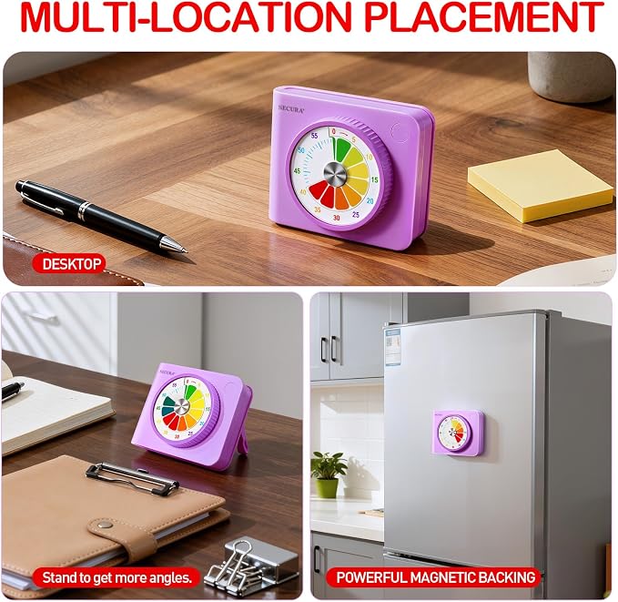 Secura Rainbow Visual Timer for Kids, 60-Minute Countdown Timer | ADHD Timer for Time Management, No Ticking for Focus, Mute & Beep Alert, Pause function, Magnetic Backing, Stand (Purple)