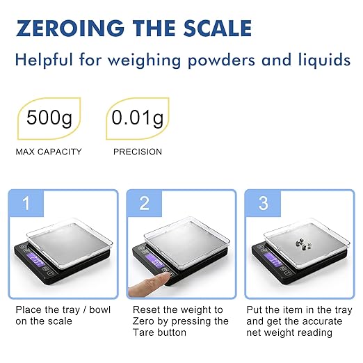KitchenTour Mini Gram Scale for Coffee, Jewelry and Small Items, 500g x 0.01g Digital Pocket Scale with Tare, 6 Units, Back-Lit LCD, 2 Trays, Black