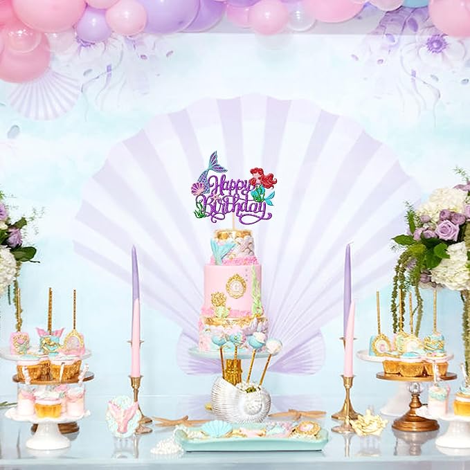 1 PCS Mermaid Happy Birthday Cake Topper - Glitter Ocean Starfish Seawood Seashells Tail Cake Decoration for Under the Sea Theme Baby Shower Birthday Party Supplies Purple