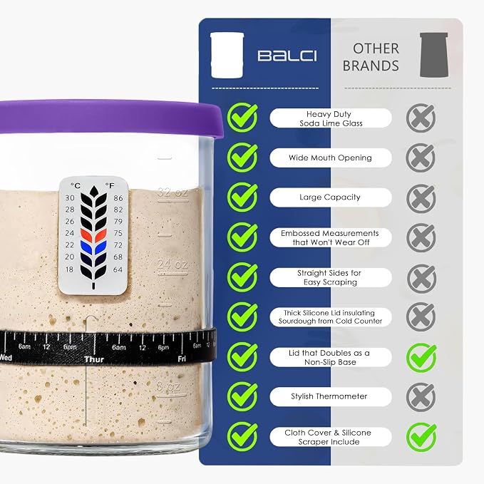 Premium Sourdough Starter Jar - 40oz Large Sourdough Jar with Marked Feeding Band, Scraper, Cloth Cover and Silicone Lid/Base, Wide Mouth Starter Kit - Purple