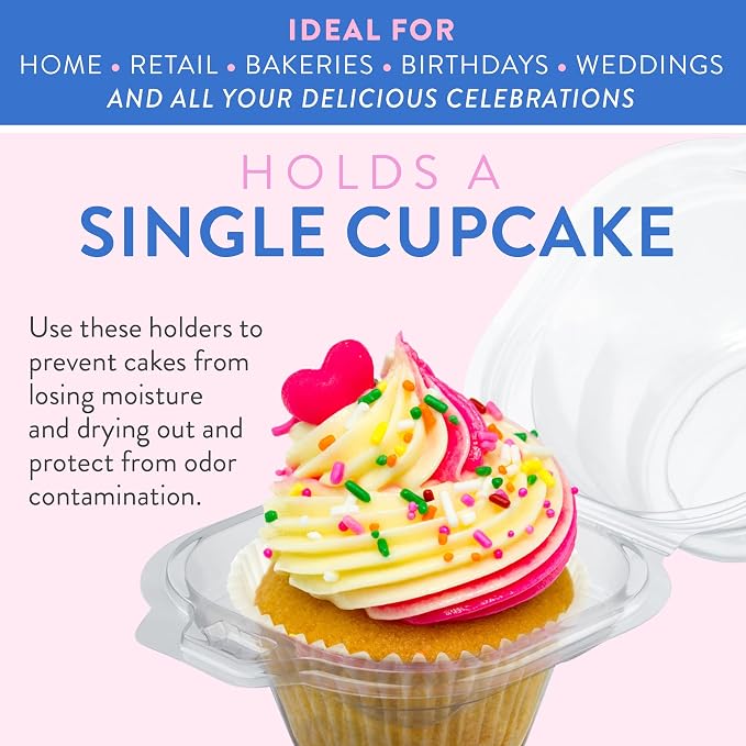 Individual Cupcake Containers (50 Pack) | Clear Plastic Disposable Cupcake Boxes/Holders | Single Cupcake Holder with Dome Lid Bulk | BPA-Free Plastic Cupcake Muffin Container Carrier Boxes to Go