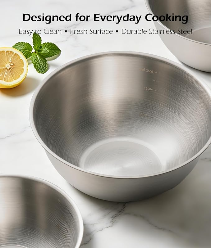 Stainless Steel Mixing Bowls Set of 4 with Colander, Nesting Metal Kitchen Bowls with Measurement Marks for Mixing, Prep, Salad & Baking, Dishwasher Safe