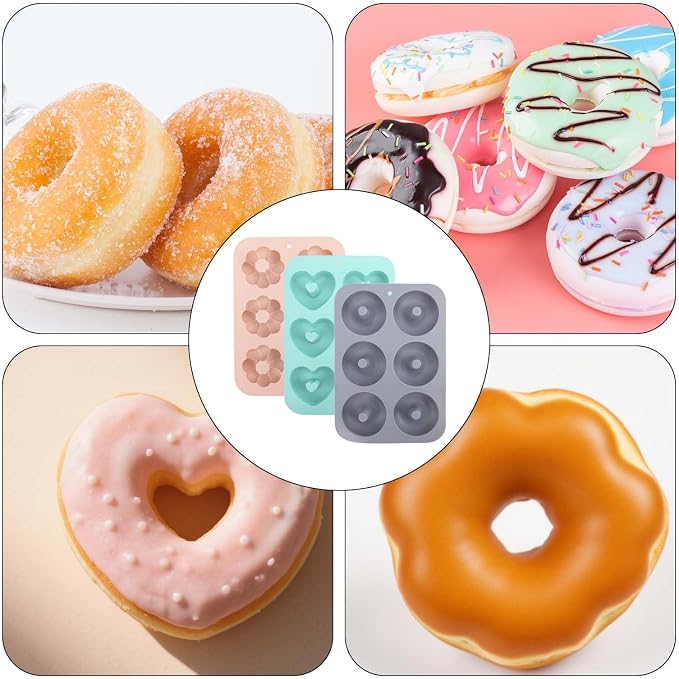 3pcs Silicone Donut Molds for Baking, Flower Round Heart Silicone Donut Maker Pan Set Easy to Demold 6 Cavities Doughnut Mould Baking Trays Supplies for Donuts Bagels Muffins Cakes Biscuit