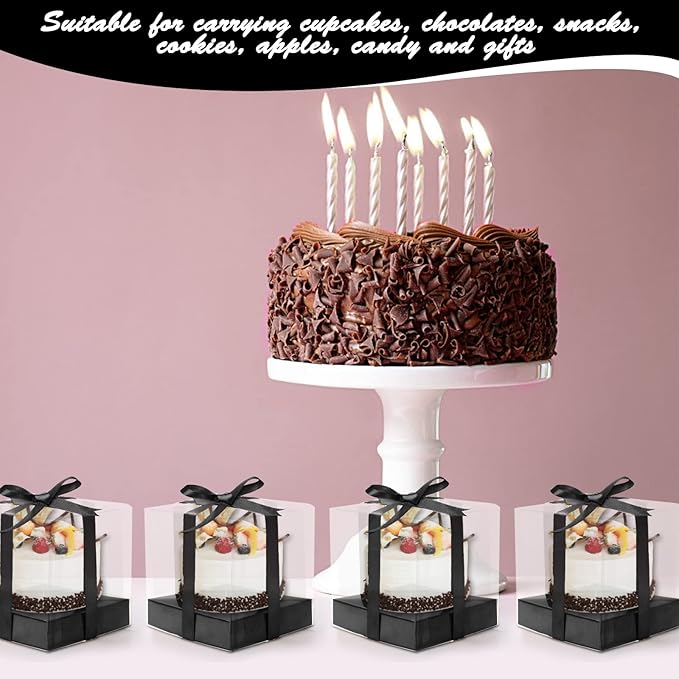 12 Pack Clear Plastic Cupcake Boxes, 3.5 Inch Gold Single Cupcake Containers Disposable Individual Cup Cake Carrier Holder Boxes with Inserts and Ribbon (Black)
