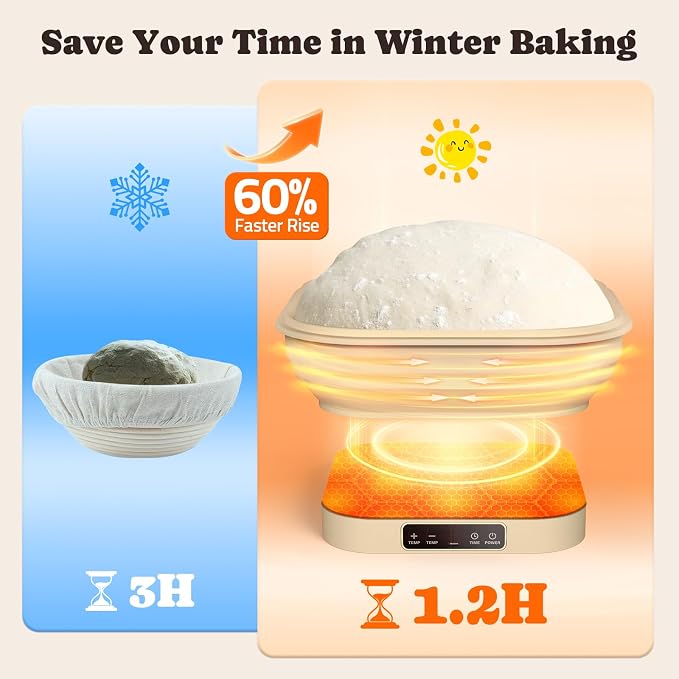 Heating Sourdough Starter Kit, 4L Electric Thermostatic Silicone Square Foldable Banneton Bread Proofing Basket with 6 Timer & Temp Settings for Dough Rising, Dishwasher Safe, Bread Making Kit