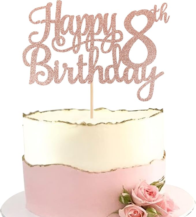 1 PCS Happy 8th Birthday Cake Topper Glitter Cheers to 8 Years Cake Pick Number 8 Fabulous Cake Decoration for 8th Birthday Party Decorations Supplies Rose Gold
