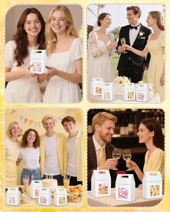 Liobelon 24 Pieces Mini Kraft Paper Gift Bags with Clear Window, 5.9 x 3.9 x 2.3inch Goodie Treat Box for Bakery Cookies, Wedding Favors, Small Business (white)
