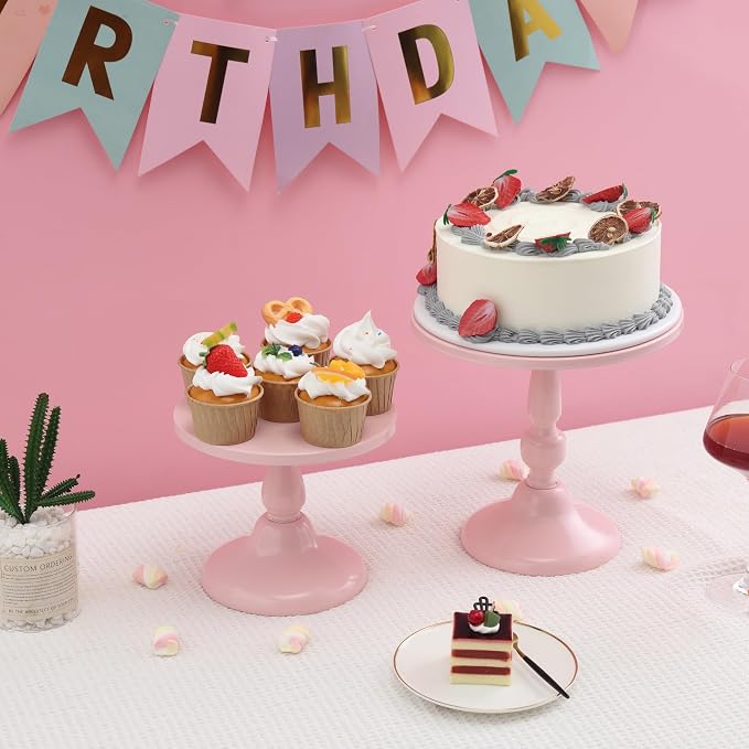 Set of 3 Pink Cake Stands, QENUIITEA Metal Round Cake Holder Dessert Pie Pizza Display Stand 8" 10" 12" Serving Tray Decoration for Wedding Celebration Party Birthday Baby Shower