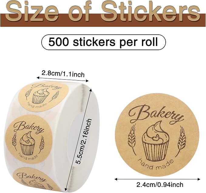 500pcs Kraft Bakery Stickers, Handmade Baked Labels, Round Adhesive Tags, DIY Seal Roll Stickers (Style B, Brown)