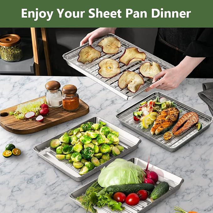 ROTTAY Small Baking Sheet Pan with Wire Rack Set [2 Pans + 2 Racks], 1/8 Stainless Steel Cookie Sheets for Oven, Warp Resistant & Heavy Duty & Rust Free, Size 9 x 7 x 1 Inches