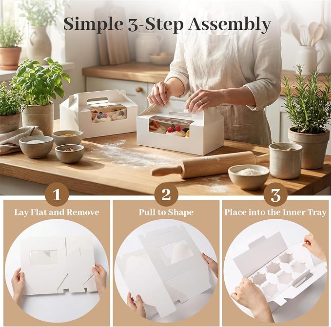 VGOODALL 6 Count Cupcake Boxes,8 Sets White Cupcake Containers with Window for Weeding Birthday Holiday Bakery Supplies Party Decorations 9.3" x 6" x 3.5"