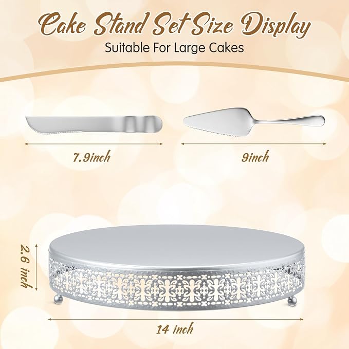 Wenqik Silver Cake Stand 14 Inch Metal Round Cupcake Dessert Wedding Cake Stand with Cutting & Spatula Cookies Display Holder Fruit Serving Tray for Table Wedding Birthday Anniversary Party