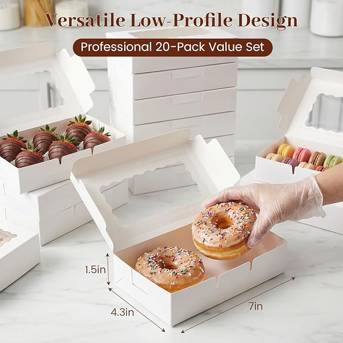 VGOODALL 20PCS Cookie Boxes, 7x4.3x1.5 Inches White Bakery Boxes with Window Cupcake Containers for Gift Giving, Treat, Dessert, Strawberries,Muffins