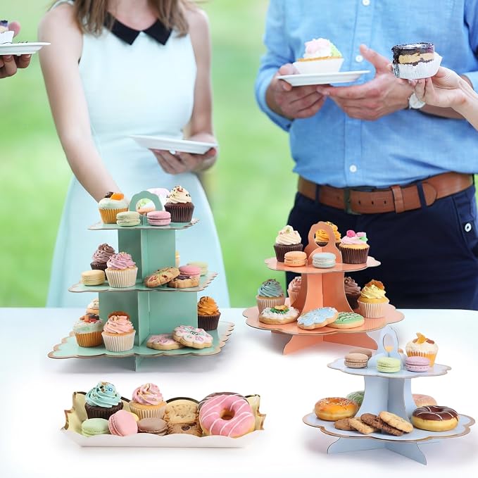 12 Pcs Tea Party Cupcake Stand Decorations Spring Cardboard Cupcake Tower 4 3-tier Cake Stands 3 2-tier Cake Holders 5 Trays for Flower Tea Party Princess Birthday Wedding Supplies(Macarons)
