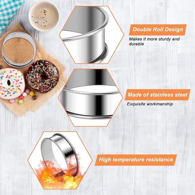 Catcan 6 Pieces English Muffin Rings, 3.15 Inch Stainless Steel Crumpet Ring Double Rolled Tart Nonstick Metal Round Molds with Silicone Oil Brush