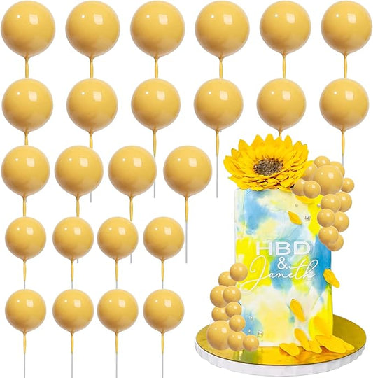 24 PCS Ball Cake Toppers Balls Cupcake Toppers Insert Foam Ball Shaped Cake Picks Mini Balloon Cake Decoration for Wedding Anniversary Baby Shower Birthday Party Cake Decorations Supplies Yellow