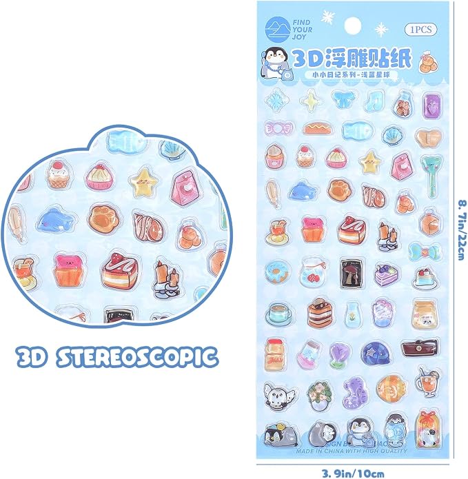 Girl's 3D Cute Japanese Puff Sticker, 100+ Kawaii Dessert and Animal Mini Puffy Stickers, for DIY Scrapbooks Planner Journals Laptops Phone Case Decoration Gifts Rewards, Sweet Bubbles