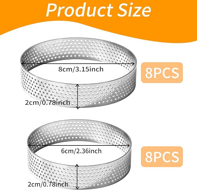 RICHSC-PAN Stainless Steel Perforated Tart Ring Set, 16 Packs Food-Grade, 3.15 Inches and 2.36 Inches, Suitable for All Kinds of Small Fruit Tart Crusts.