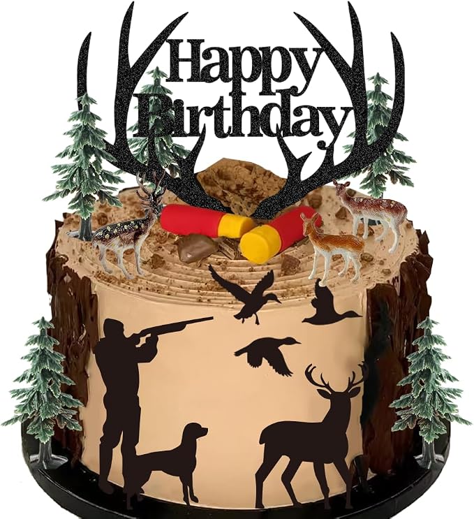 Hunting Cake Topper Antler Happy Birthday Sign for Hunter Deer Hunting Theme Birthday
