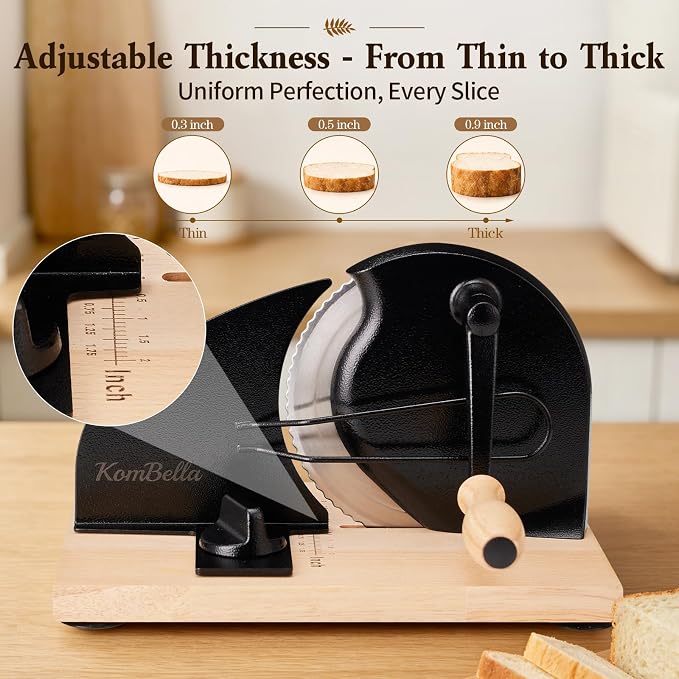 Sourdough Bread Slicer for Homemade Bread, Manual Hand Crank Bread Cutter with Adjustable Thickness for Even Slices (Black)