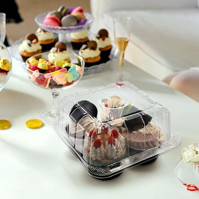 Coloch 50 Pack Clear Cupcake Box, 4 Cavity Plastic Cupcake Holder with Deep Dome Disposable 4-Compartment Dessert Container Bakery Carrying Box for Bakery, Cupcake