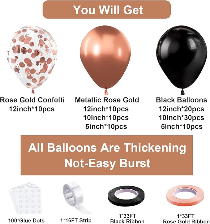 Bezente Rose Gold Black Balloons Garland Kit, 100Pcs Metallic Chrome Rose Gold Black and Rose Gold Confetti Balloons Arch for Wedding, Birthday, Graduation, Baby Shower Party Decoration