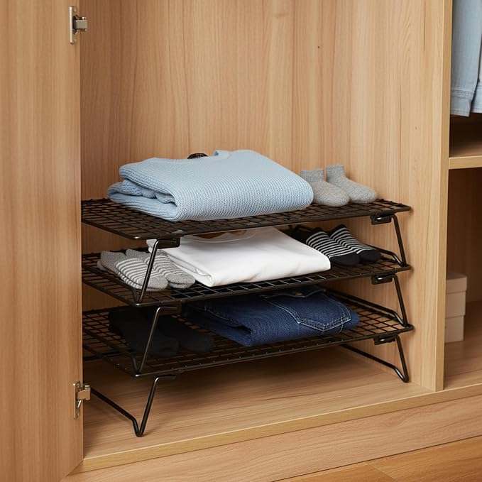 3 Pcs Stackable Cooling Racks with Collapsible Legs, Tiered Cooling Racks with 50 Sheets Baking Paper, 11.81 x 7.87 Inches, Collapsible Ventilation Holder for Cookies, Cakes, Roasting, Drying