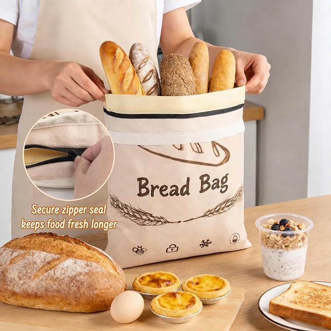 2-Pack Reusable Beeswax Bread Bags for Sourdough & HomemadeBread with Zipper, 16.5 x 13 inch bread bags for Food Storage