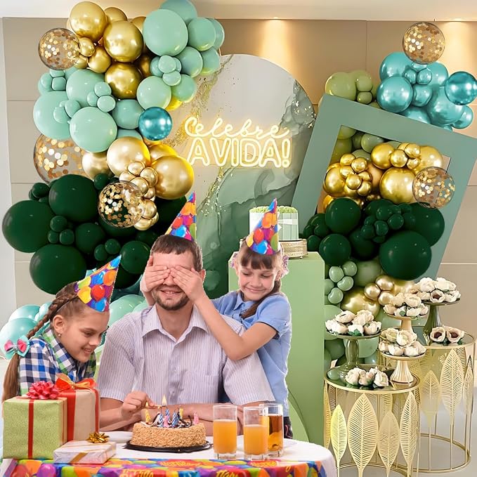 MEBAY Green Gold White Balloon Arch Kit, 147PCS Dark Green Ivory Gold Metallic Pastel Green Balloons Garland for Birthday Wedding Baby Bridal Shower Party Decorations